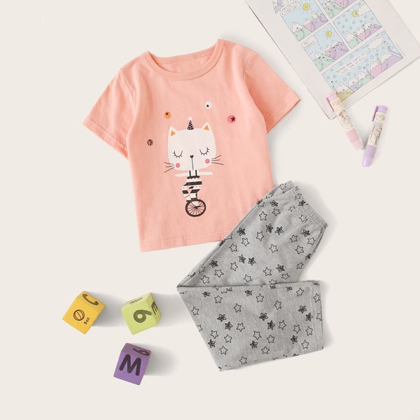 

Toddler Girls Cartoon Cat Print PJ Set, Multicolor