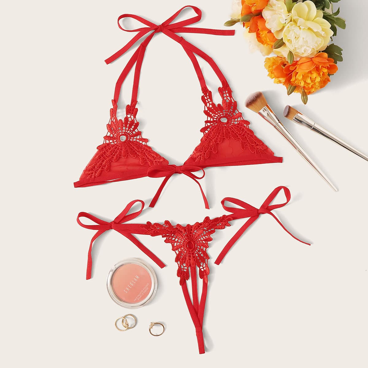 

Flower Appliques Knot Lingerie Set, Red