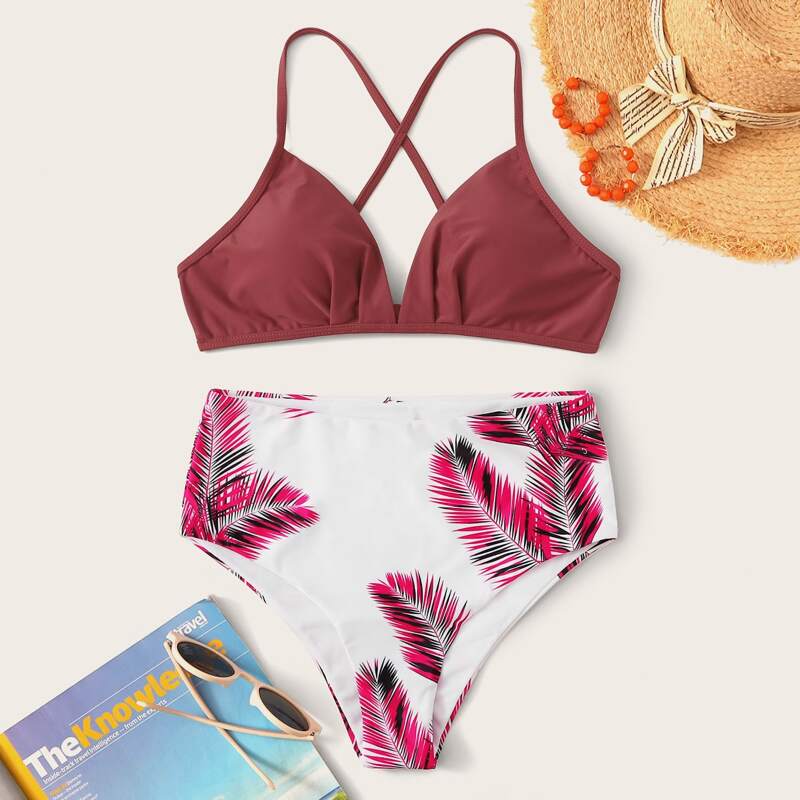 

Criss Cross Top With Leaf Print Bikini Set, Multicolor
