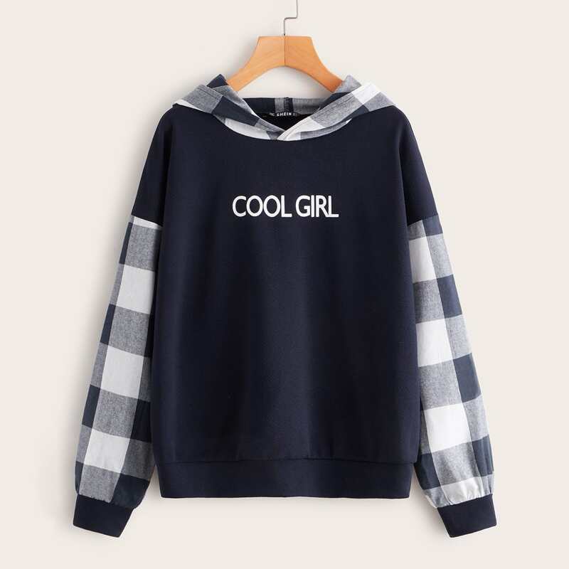 

Drop Shoulder Slogan Graphic Gingham Panel Hoodie, Navy