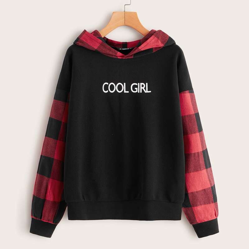 

Slogan Graphic Buffalo Plaid Sleeve Hoodie, Multicolor