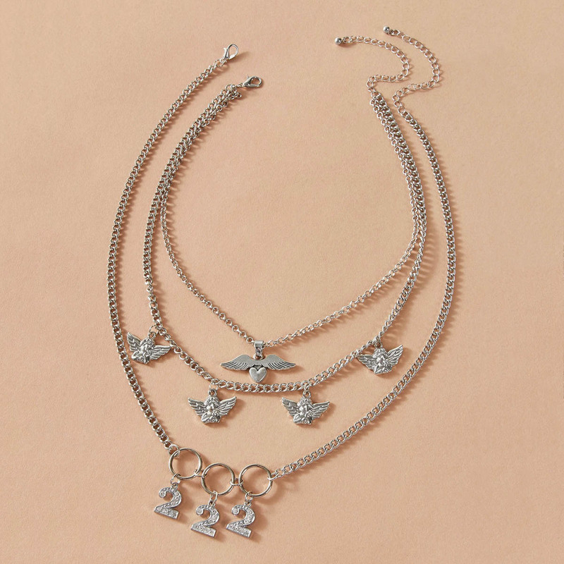 

2pcs Number & Angel Charm Chain Necklace, Silver