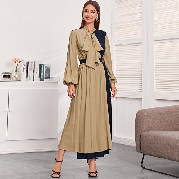 

Tie Neck Lantern Sleeve Two Tone Dress, Multicolor