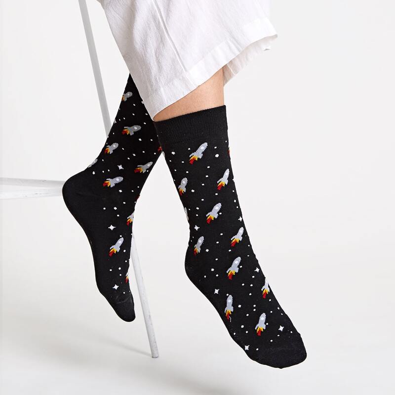 

1pair Rocket Pattern Socks, Black
