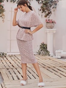 All-over Print Top With Belt & Split Back Pencil Skirt Set