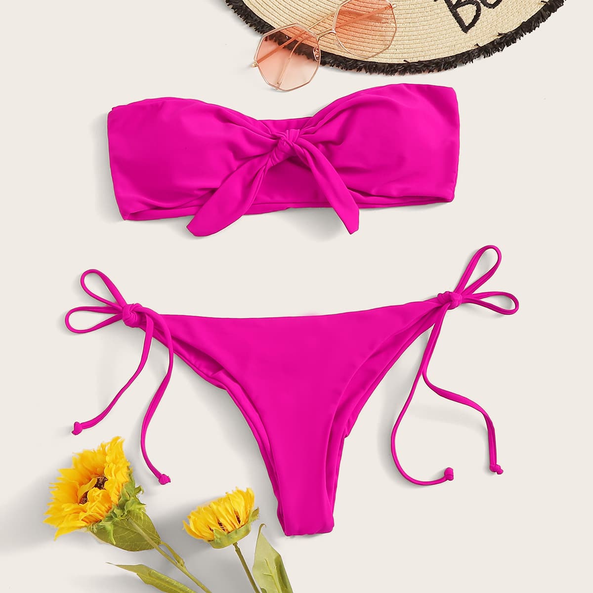 

Neon Pink Knot Top With Tie Side Bikini Set
