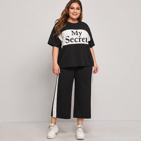 

Plus Two Tone Slogan Graphic Top & Pants Set, Black