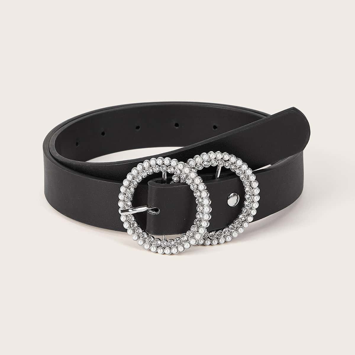 

Rhinestone Engraved Faux Pearl Buckle Belt, Black