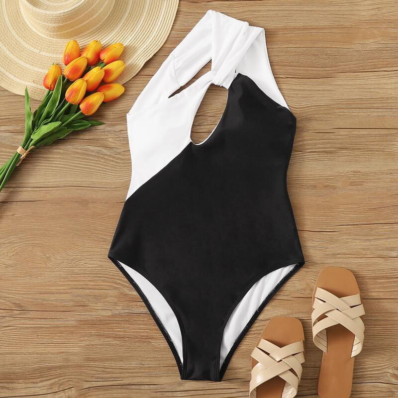 

Two Tone Twist One Shoulder One Piece Swimwear, Black and white