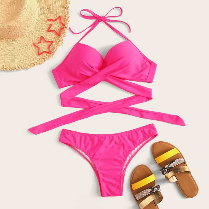 

Wrap Underwire Halter Bikini Set, Hot pink neon