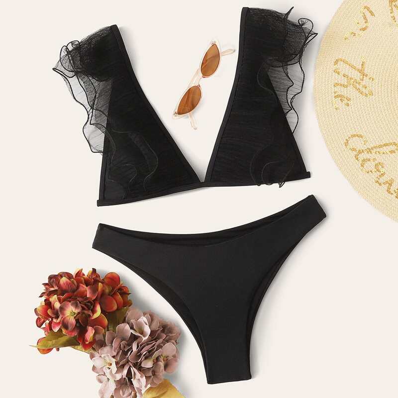 

Mesh Ruffle Triangle Cheeky Bikini Swimsuit, Black