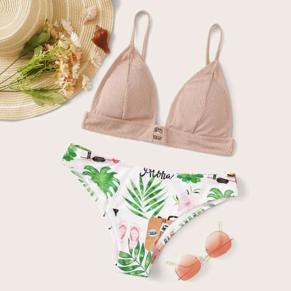 

Textured Triangle Top With Palm Print Panty Bikini, Multicolor