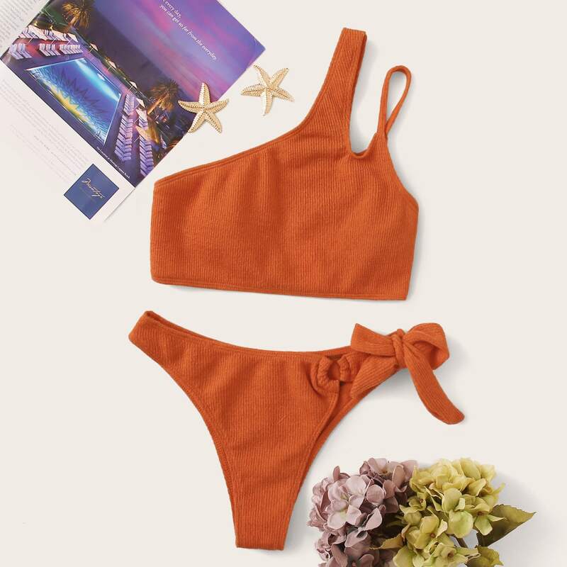 

Textured One Shoulder Tie Side Bikini Swimsuit, Orange