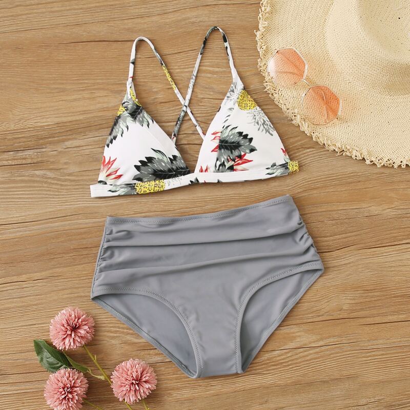 

Pineapple Print Top With Ruched Bikini Set, Multicolor