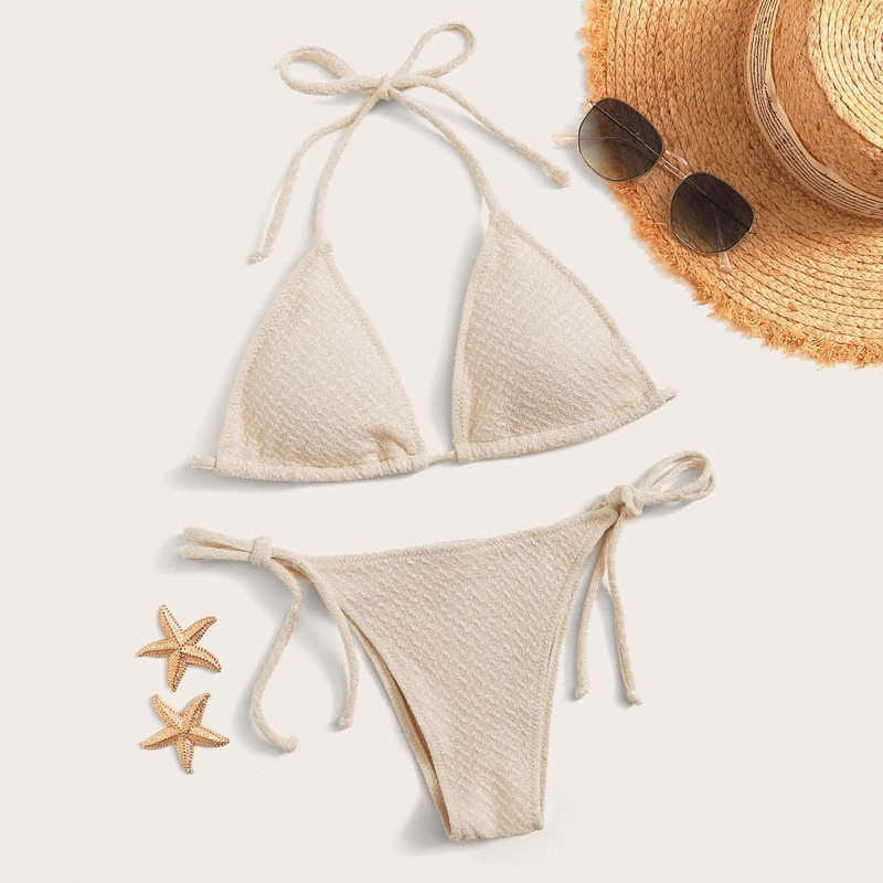 

Textured Triangle Top With Tie Side Bikini Set, Beige