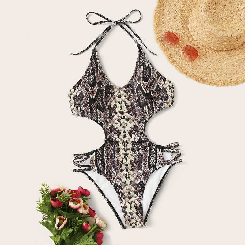 

Snakeskin Print Cutout One Piece Swimwear, Multicolor