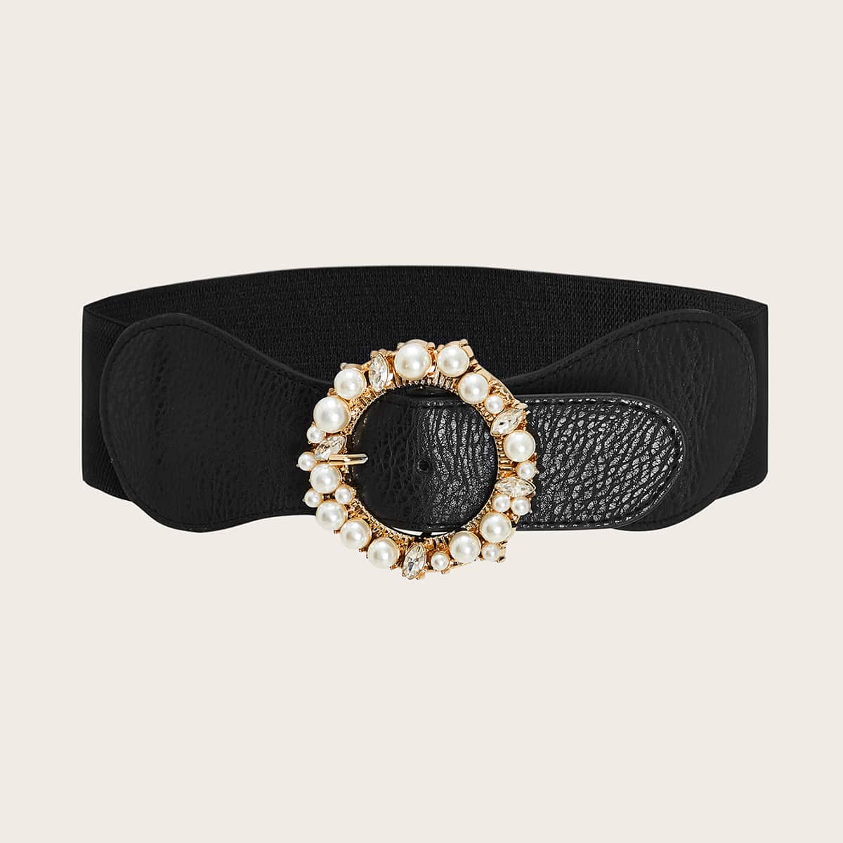 

Rhinestone Engraved Faux Pearl Buckle Wide Belt, Black