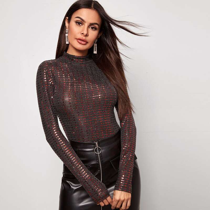 

Stand Collar Fitted Sequin Top, Brown
