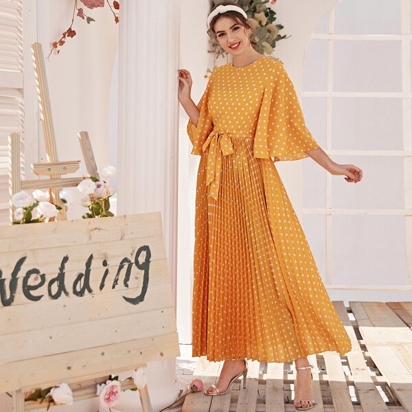 

Flutter Sleeve Self Belted Pleated Polka Dot Dress, Yellow bright