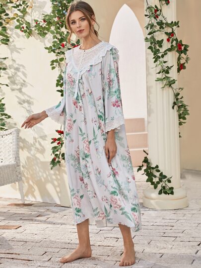 Floral Print Contrast Lace Satin Night Dress