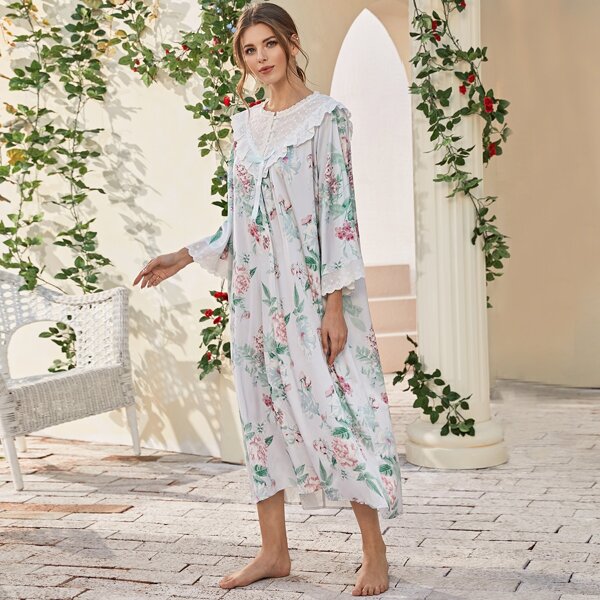 

Floral Print Contrast Lace Satin Night Dress, Baby blue