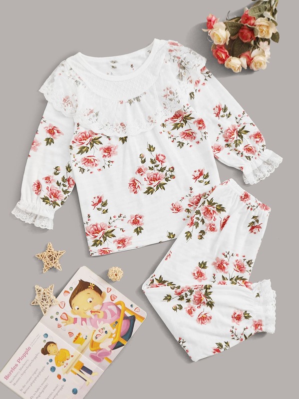 

Toddler Girls Floral Print Lace Trim PJ Set, Multicolor