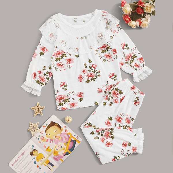 

Toddler Girls Floral Print Lace Trim PJ Set, Multicolor