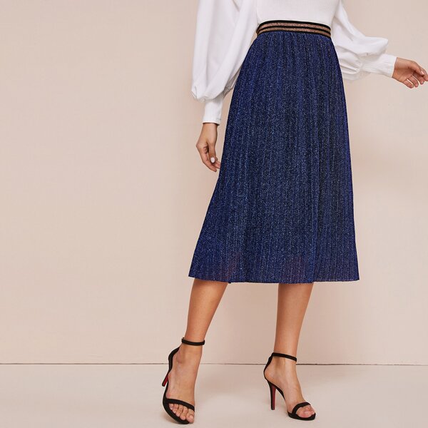 

Striped Waist Glitter Pleated Skirt, Navy blue