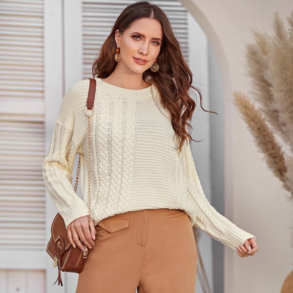 

Drop Shoulder Cable Knit Sweater, Beige