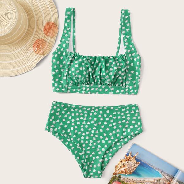 

Floral Random Print Ruched Top With High Waist Bikini, Green