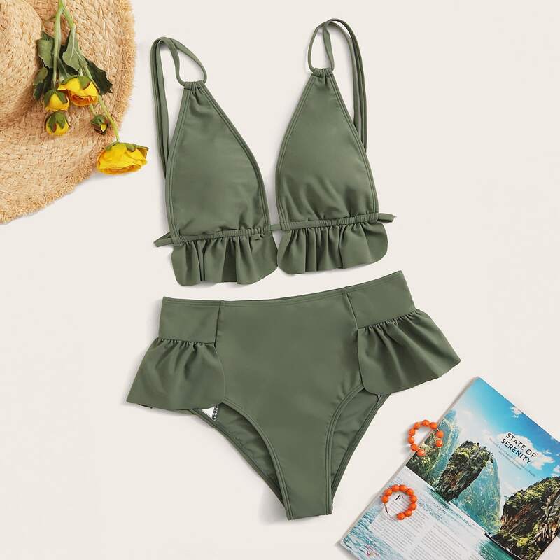 

Triangle High Waisted Bikini Swimsuit, Army green