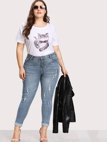 Plus Ripped Faded Wash Jeans - Light Wash - View 4