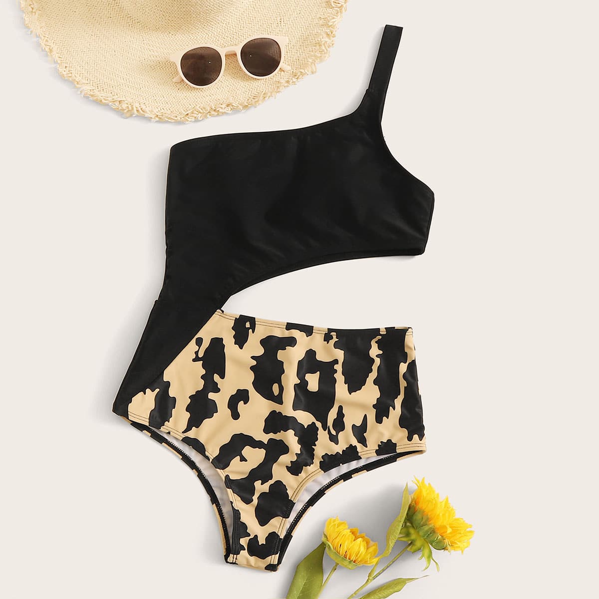 

Leopard Cut-out One Shoulder One Piece Swimwear, Multicolor