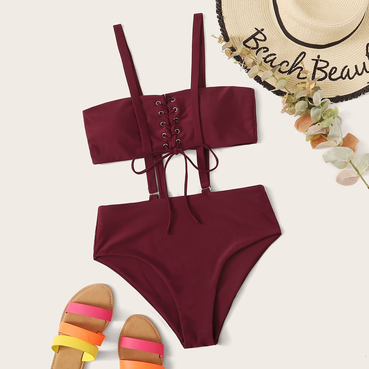 

Lace Up Front Top With Suspender 2pcs Swimsuit, Burgundy