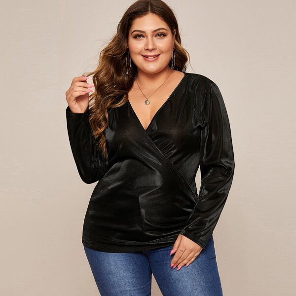 

Plus Solid Surplice Front Blouse, Black