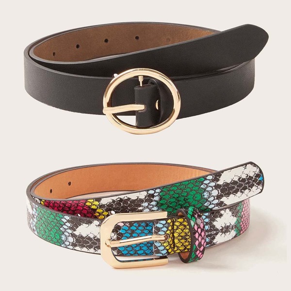 

2pcs Snakeskin Pattern Metal Buckle Belt, Multicolor