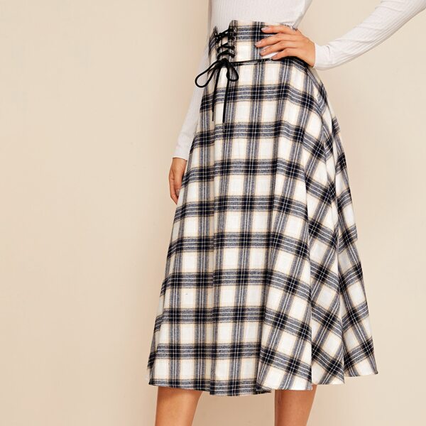 

Lace Up Waist Tartan Flare Skirt, Multicolor