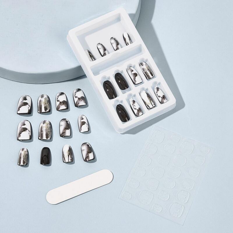 

24pcs Fake Nail Stickers & Double Sided Tape & Manicure, Multicolor