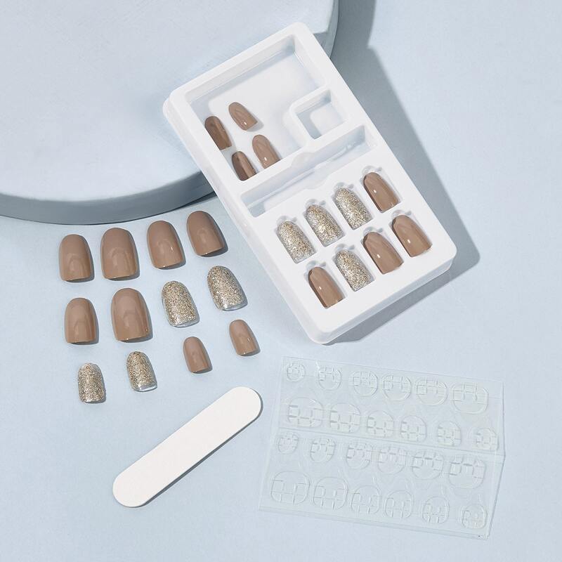 

24pcs Glitter Fake Nail Stickers & Double Sided Tape & Manicure, Multicolor