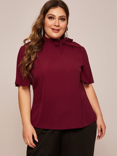 Plus Solid Tie Neck Button Detail Blouse