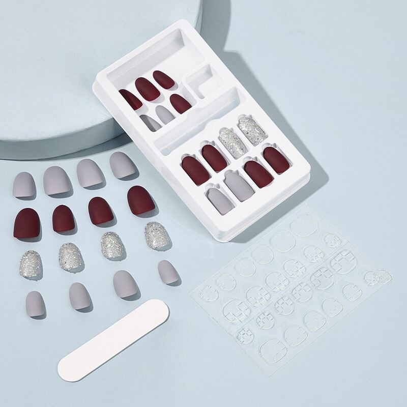 

30pcs Fake Nail Stickers & Double Sided Tape & Manicure, Multicolor