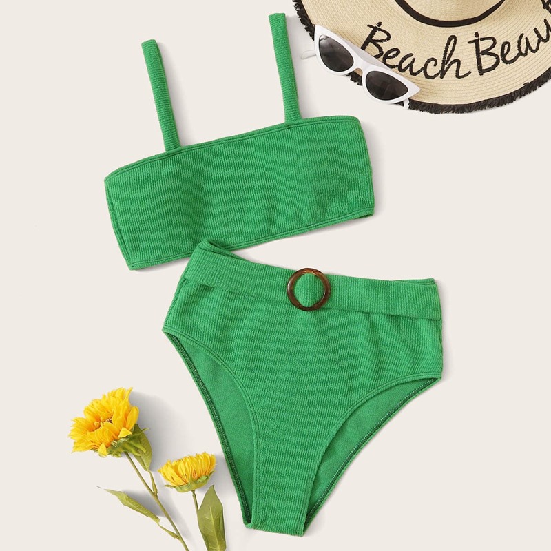 

Solid High Waist Bikini Swimsuit, Green