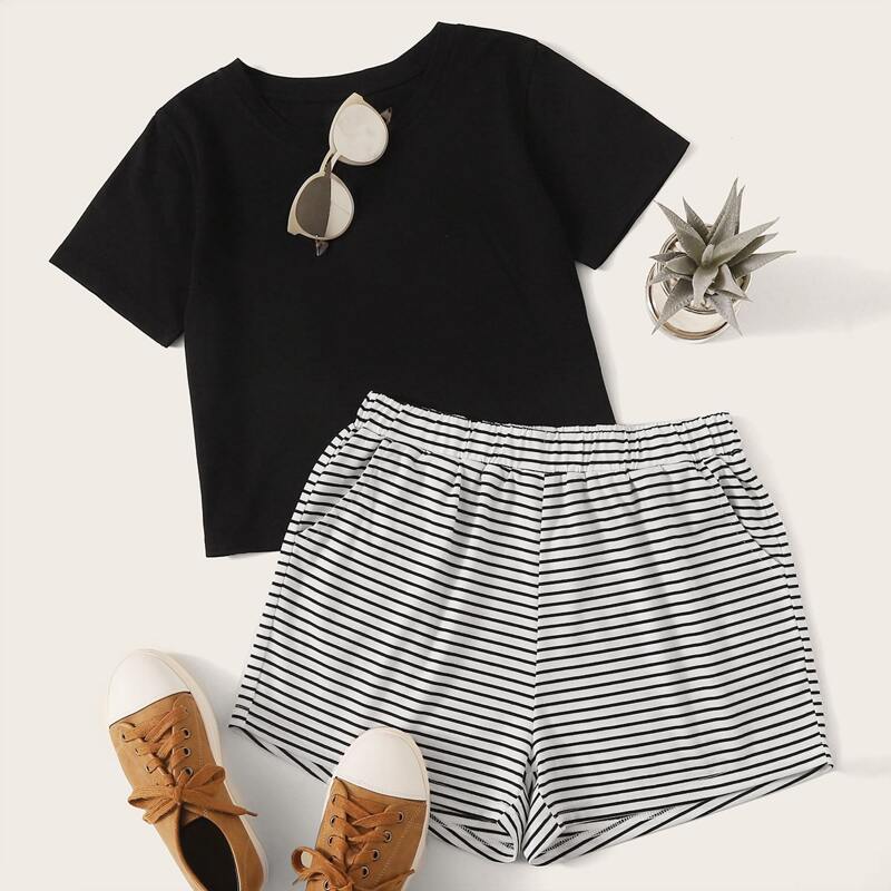 

Solid Short Sleeve Tee & Striped Shorts, Black and white