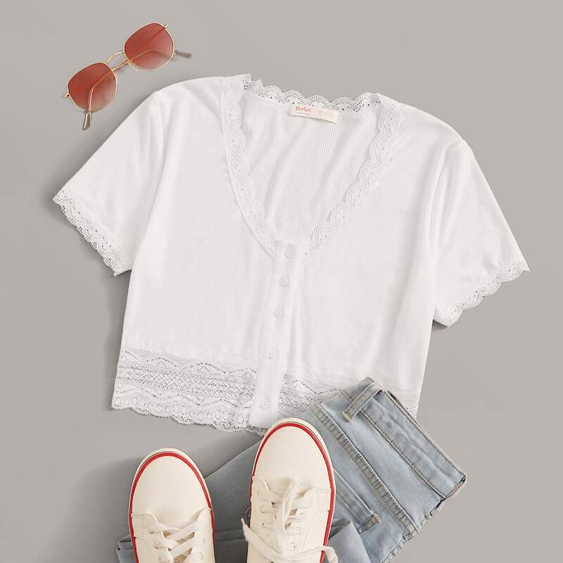

Contrast Lace V-neck Tee, White