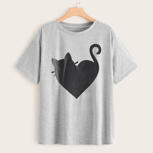 

Plus Cartoon Cat & Heart Graphic Tee, Grey