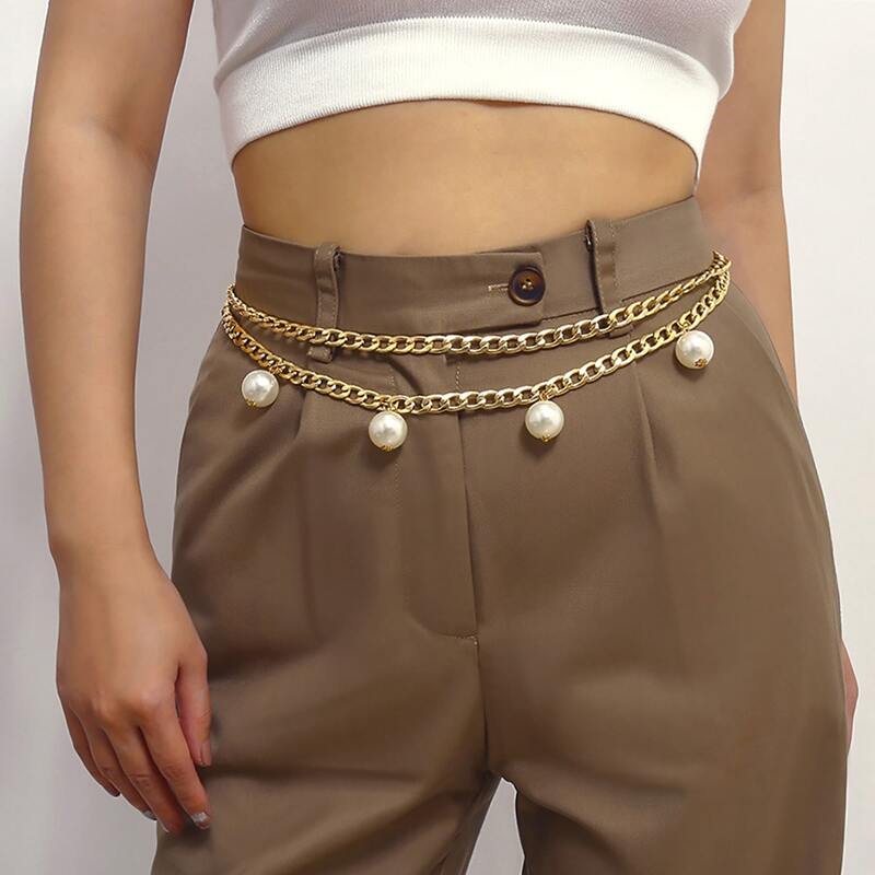 

Faux Pearl Decor Waist Chain Belt, Gold