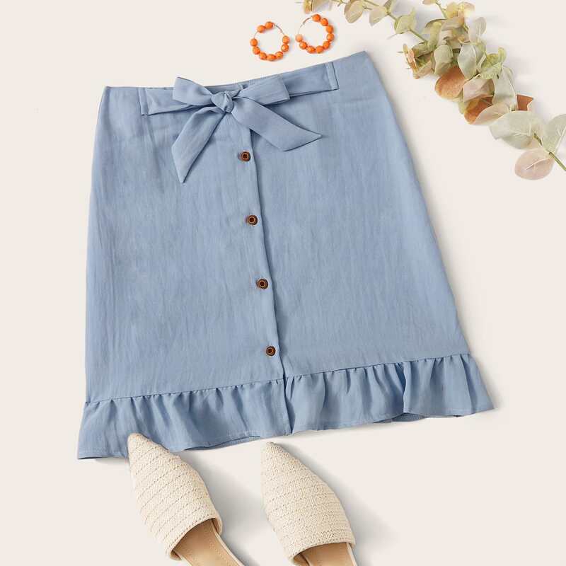 

Solid Tie Front Ruffle Hem Skirt, Blue pastel