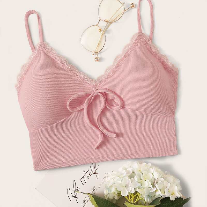 

Lace Trim Ribbed Pink Cami