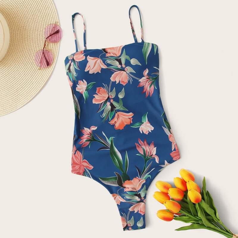 

Floral Random Print Lace-up Back One Piece Swimwear, Blue