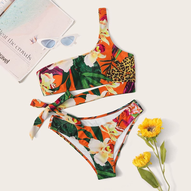 

Floral Random Print One Shoulder Top With High Cut Bikini, Multicolor
